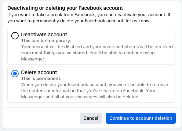 Facebook account permanent delete